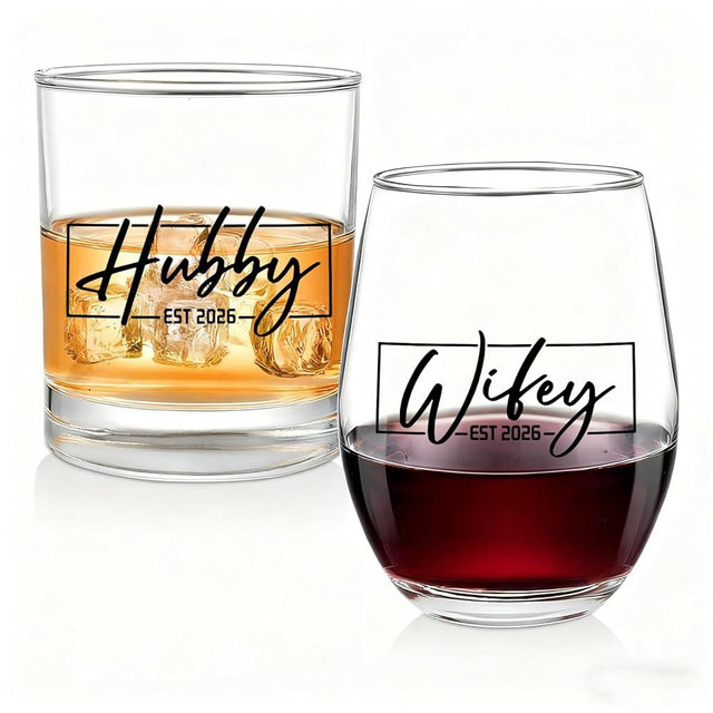 Jacriah Hubby & Wifey Est. 2026 Wine & Whiskey Glass Set for Couples – Romantic Wedding, Engagement, Anniversary & Bridal Shower Gift