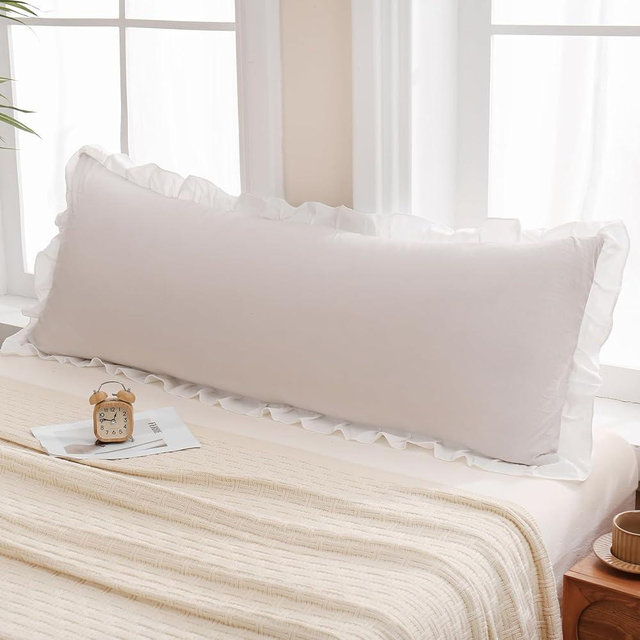 Merryword Beige Body Pillow Cover 20x54inches Beige and White Reversible Long Pillowcase Ruffled Body Pillowcases Cute Pillowcase Pillow Sham (1 Body, Beige White)