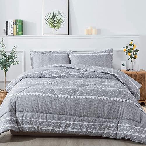 Litanika Grey Boho Comforter King(104x90lnch), 3 Pieces(1 Bohemian Striped Comforter and 2 Pillowcases) Gray Geometric Triangle Comforter Set, Soft Microfiber Down Alternative Comforter Bedding Set