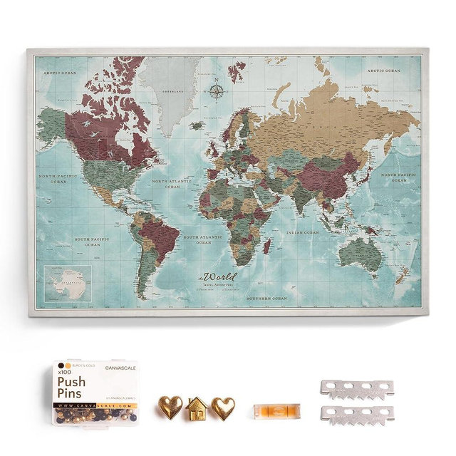 Canvas World Map with Cork Pin Board - English Lettering - Decorative Wall Decoration for All Rooms - Canvas Pictures with World Map Motif (90x60 cm, Pattern 11)