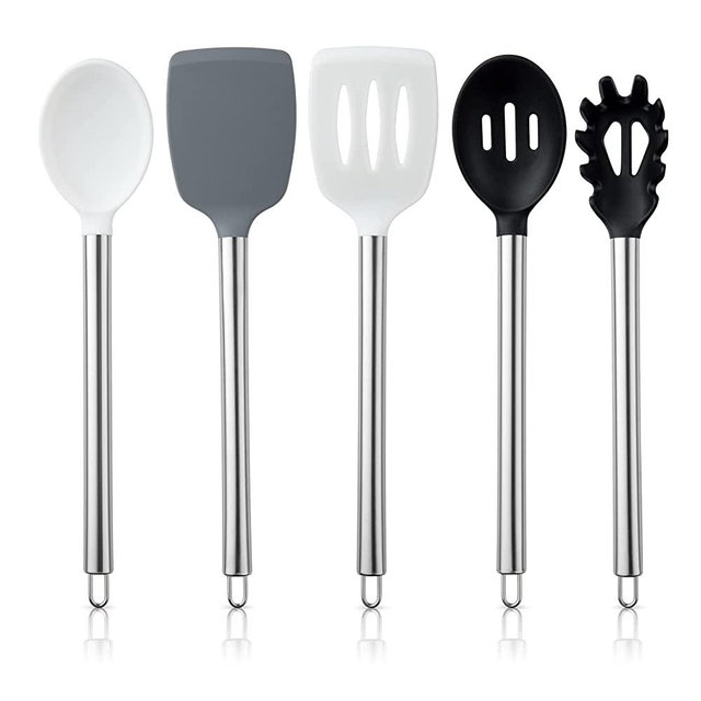 COOK WITH COLOR Silicone Cooking Utensils, 5 Pc Kitchen Utensil Set, Easy to Clean Silicone Kitchen Utensils, Cooking Utensils for Nonstick Cookware, Kitchen Gadgets Set (Black and White)