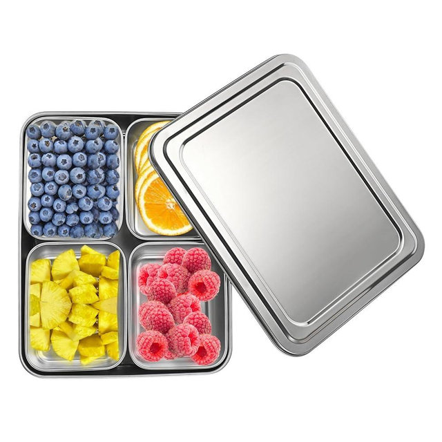 BSTKEY Divided Serving Tray with Lid - Snackle Box Charcuterie Container with 4 Removable Compartments, Stainless Steel Snack Platter Organizer for Candy, Fruit, Salad, Condiments, Nuts
