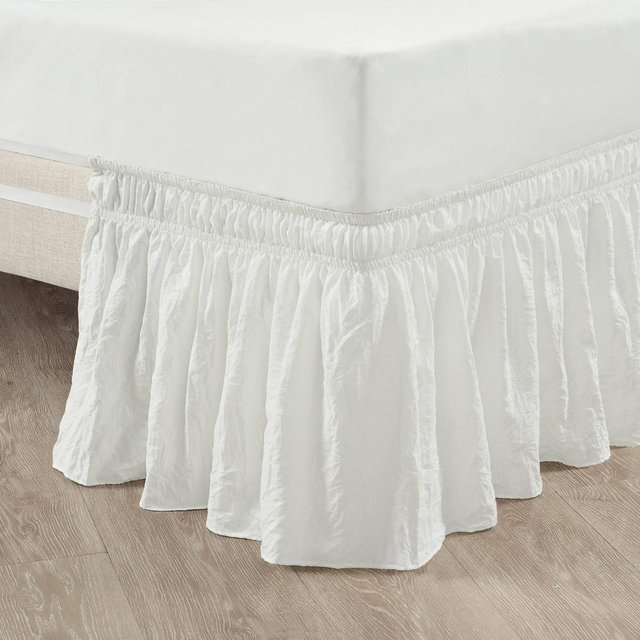Queen/King/Cal King Ruched Ruffle Elastic Easy Wrap Around Bedskirt White Single - Lush Décor