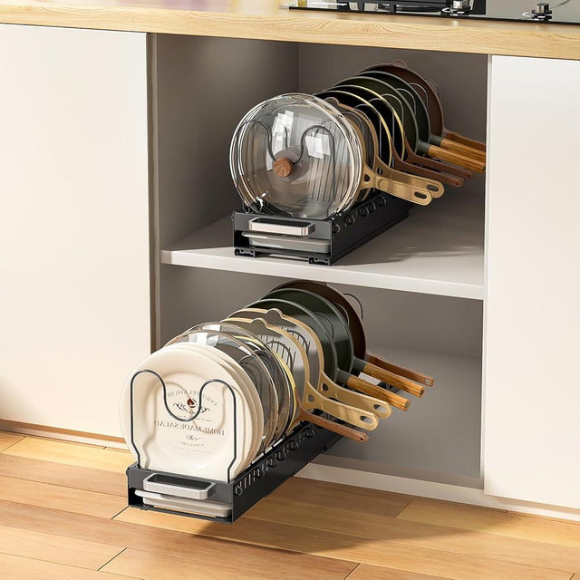 Fovkdcvw Pots and Pans Organizer Under Cabinet with Drain Board, Pull-out Expandable Pot Lid Organizer inside Cabinet Holder with 10 Adjustable Compartment, Rack for Cutting Board, Black (Pack of 2)