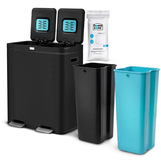 Home Zone Living 16 Gallon Dual Trash Can for Recycling and Trash with CleanAura Odor Control, 60 Liter Total Capacity, Matte Black