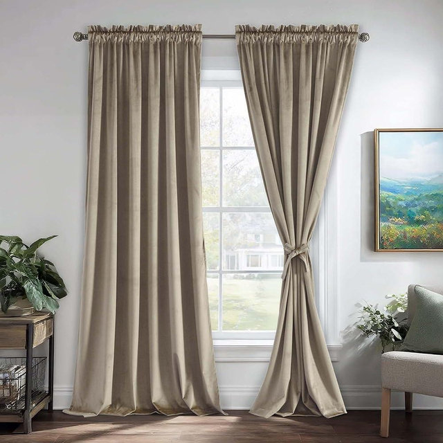 JIUZHEN Taupe Velvet Curtains 90 inches for Living Room - Privacy Protect Room Darkening Rod Pocket Thick Velvet Window Drapes for Bedroom/Dining Room, Set of 2 with Tiebacks, W52 x L90 inches