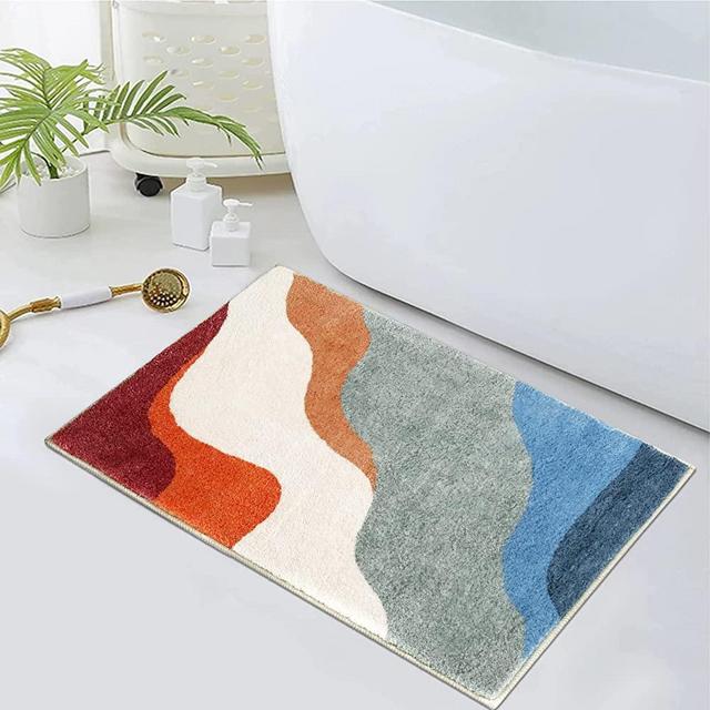 HAOCOO Retro Abstract Bath Mat, 18''x25'' Colorful Aesthetic Hippie Non-Slip Bathroom Rugs, Small Washable Striped Geometric Bath Rugs Cute Wave Rainbow Door Mats for Modern Indoor Shower Sink Tub