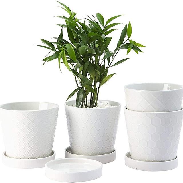 EFISPSS Flower Planter –5”inch Ceramic Plant Pots with Drainage Holes and Ceramic Tray - Gardening Home Desktop Office Windowsill Decoration Gift Set of 4 - Plants NOT Included (White)
