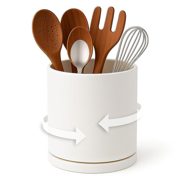 D'vine Dev 360° Rotating Utensil Holder – 5" Kitchen Utensil Crock for Countertop, Modern Cooking Tool Organizer for Kitchen Storage & Décor, Oatmeal, 72-X-D-1