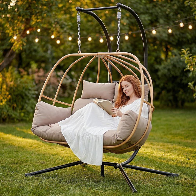 DAYARUS Double Egg Chair Outdoor, Egg Swing Chair with Stand, Hanging Swing Chair Outdoor with Cushions/Headrest, 80" H Hanging Chairs with Stand Indoor, Metal Basket Swing Egg Chairs for Deck, Brown