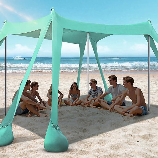 Rengue Beach Tent, Beach Canopy UPF50+ UV Protection, 10x10ft Beach Shade Sun Shelter with 8 Sandbags, Sand Shovels, Ground Peg, Stability Poles for Camping, Fishing, Picnic, Backyard Fun, Light Green