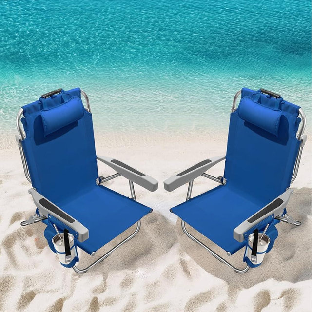 5-Position Aluminum Lay Flat Backpack Beach Chair 2 Pack, Compact Portable Low Beach Chairs for Adults, Beach Chair with Cooler Pouch, Storage Pouch, Towel Bar, Cup Holder & Phone Holder, Navy