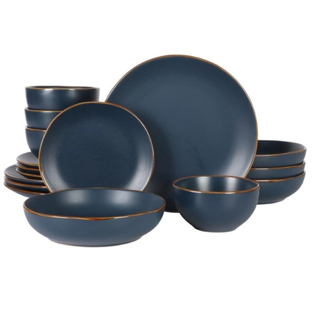 Gibson Home Hazeltine 16 Piece Plates and Bowls Dishes Stoneware Ceramic Dinnerware Set - Navy Blue