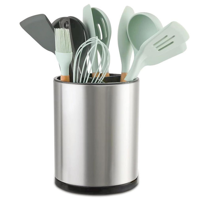 LIBODOUR Kitchen Utensil Holder Extra Large 360° Rotating For Counter Organizer Stainless Steel Storage Cooking Silverware Caddy Flatware 3 Compartment Flatware Spoon Spatula Lazy Susan （Silvery）