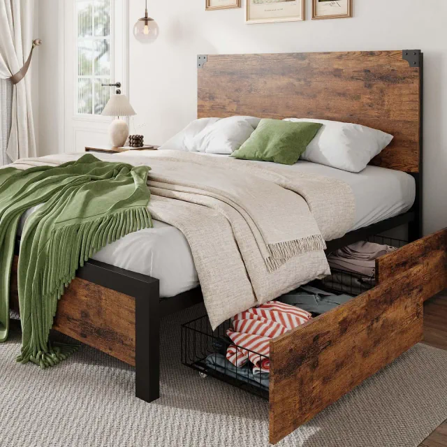 Queen Bed Frame with 4 Storage Drawers, Metal Platform Bed with Wooden Headboard, Noise Free, No Box Spring Needed, Easy Assembly, Vintage Brown