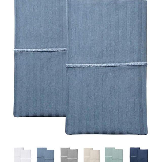 Feather & Stitch Pillow Covers Set of 2, Envelope Closure King Size Pillowcases, Soft Luxury 500 TC Damask Stripe Sateen Weave Pillow Case, 20x40 Inches - Blue