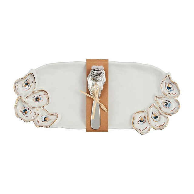 Mud Pie Layered Oyster Hostess Set; tray 6" x 14 1/2" | spreader 5 1/2"