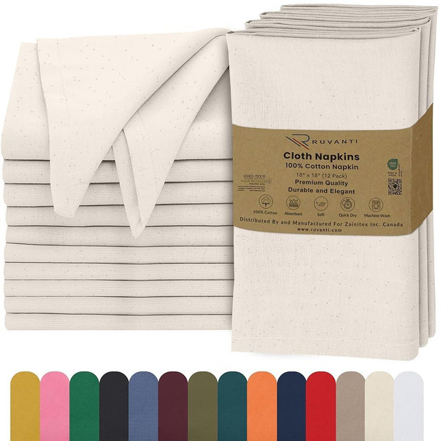 Ruvanti Cloth Napkins Set of 12, 18x18 Inches, Napkin Cloth Washable, Soft & ‎Absorbent 100% Cotton Napkins, Perfect for Wedding, Christmas, ‎Thanksgiving, and Dinner - Natural Color