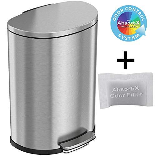 iTouchless SoftStep 13.2 Gallon Semi-Round Step Trash Can with Odor Control System, Stainless Steel 50 Liter Kitchen Space-Saving Pedal Garbage Bin for Office, Home, Silent & Gentle Open/Close