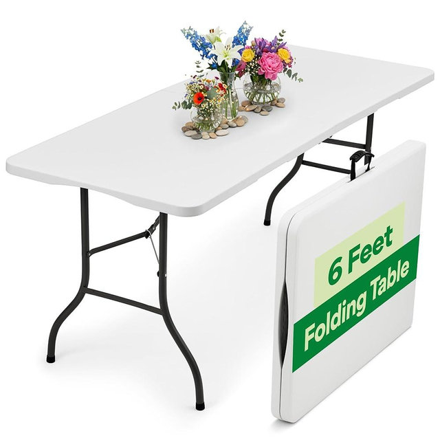 EconoHome White 6ft Folding Table with Handle | Heavy-Duty Foldable Table | Portable Table for Indoor & Outdoor Use | Perfect for Events, Camping, Parties, Dining & More