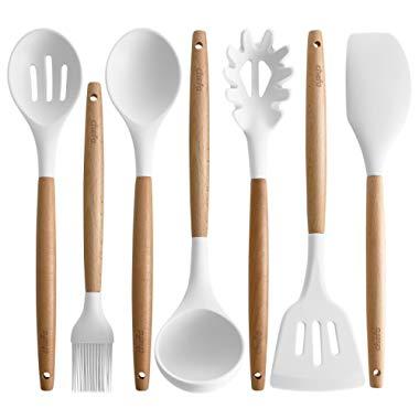 Silicone Cooking Utensils | Wooden Handle, Non-Stick Cookware Heat Resistant Kitchen Utensil Spatula, Slotted & Solid Spoon, Soup Ladle, Slotted Turner and Spaghetti Server,| (White)