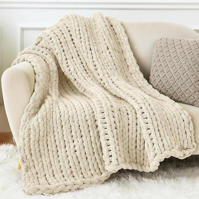 Admitrack Chunky Knit Blanket Throw, 100% Hand Knit Chenille Throw Blanket for Sofa & Home Decor, Soft and Cozy Knitted Throw Blankets (Ivory，51"x63")