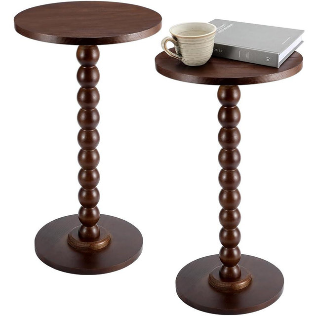 DoubleFill 2 Set Round Pedestal Side Table Brown Wooden Small Drink Coffee Table Traditional Tray Top End Modern Accent Nightstand with Solid for Small Space Home Office Bedroom Living Room Corner