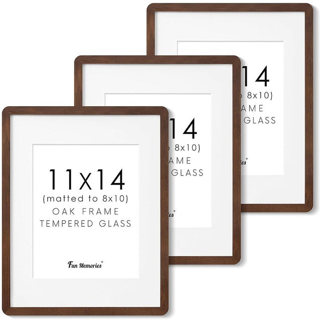 11x14 Picture Frame, Solid Oak Wood Frame 11 x 14 for Wall, Rustic Wooden Frames 11 by 14 with Tempered Glass, 11x14 Frame with Mat for 8x10, Home Decor Photo Frames 11"x14", Walnut Color, 3 Pack