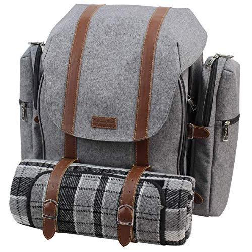 Picnic Backpack for 4 | Picnic Basket | Stylish All-in-One Portable Picnic Bag with Complete Cutlery Set, Stainless Steel S/P Shakers | Waterproof Knitted Picnic Blanket | Cooler Bag for Camping