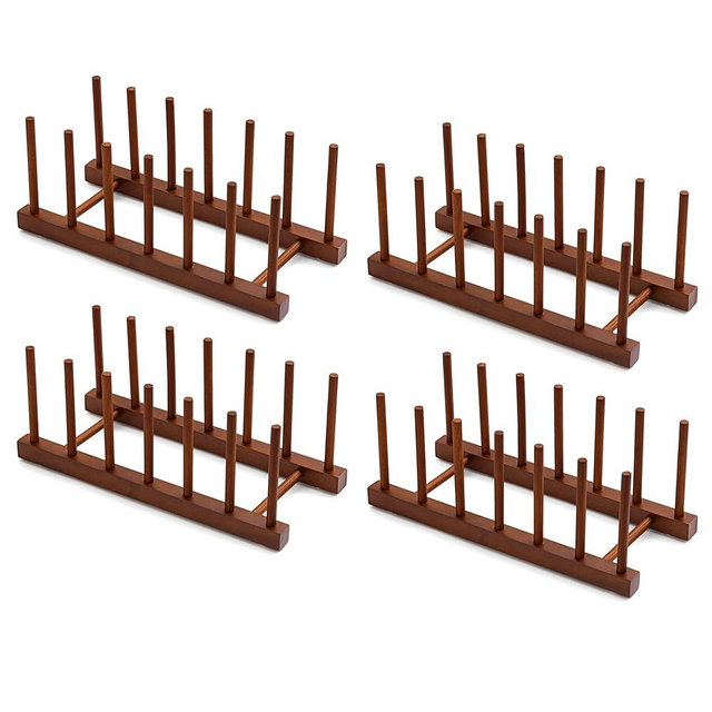 HBlife 4pcs 6 Slots Teak Dish Plate Bowl Cup Book Pot Lid Cutting Board Drying Rack Stand Drainer Storage Holder Organizer Kitchen Cabinet（Keep Dry）