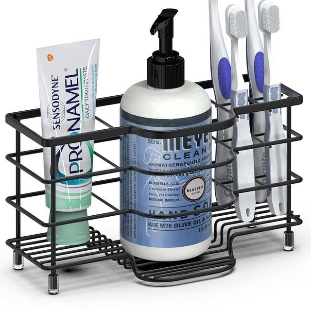 Linkidea Electric Toothbrush Holder, Stainless Steel Bathroom Storage Organizer Stand Rack, Ventilated Countertop 6 Slots for Toothpaste, Cleanser, Comb, Razor (Black)