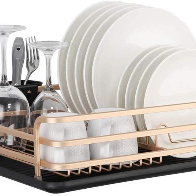 Aluminum Dish Drying Rack, Counter Rustproof Dish Storage with Cutlery Holder, Removable Drainer Tray, Rose Gold