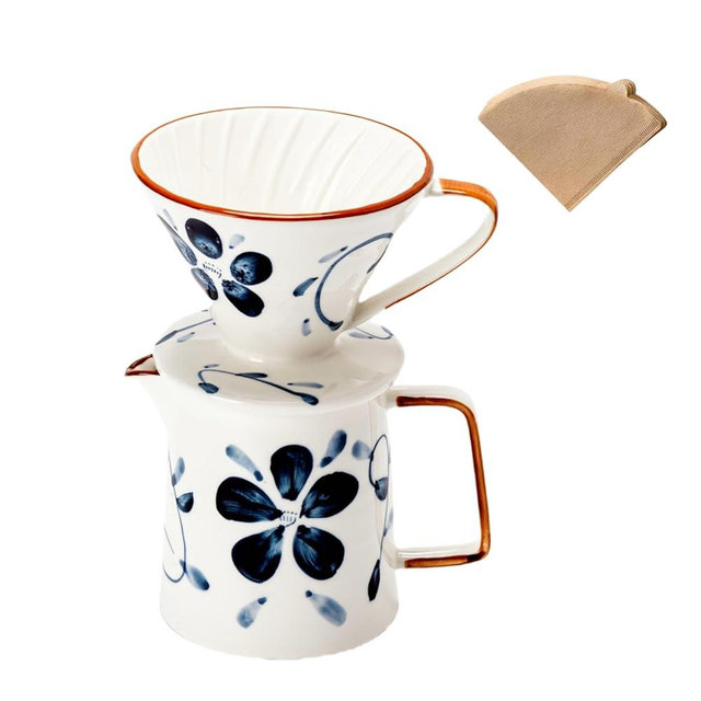 HYAXGM Pour Over Coffee Maker,Ceramic Coffee Maker With 40 pcs Paper Filter，15oz/450ml Pour Over Coffee Dripper (Blue and white, V02)