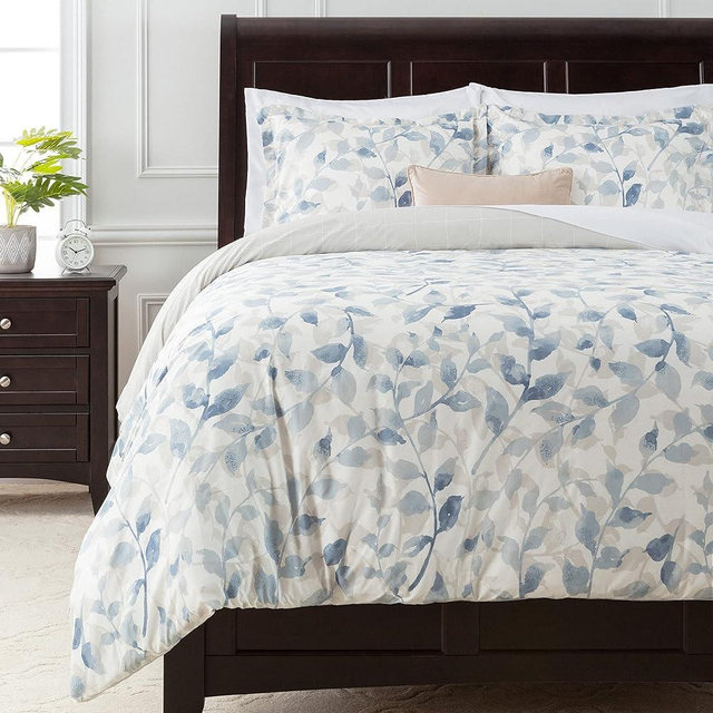 Chanasya Premium Layered Leaf Duvet Cover Set - Duvet Cover (90” x 90”) & 2 Pillow Shams (20” x 26”) - 3-Piece Set, Queen Size, Blue Taupe