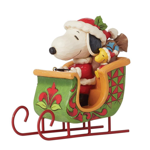 Enesco Peanuts by Jim Shore Santa Snoopy and Woodstock in Sleigh Figurine- Resin Hand Crafted Painted Collectible Mini Figurines Peanuts Snoopy Christmas Home Decor Shelf Statue, 4.92 Inch, Multicolor