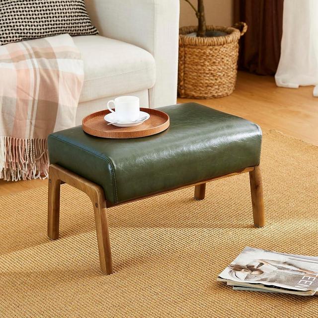 Glitzhome Foot Stool Ottoman, Modern Leatherette Sofa Stool Vanity Chair with Rubber Wood Frame, Footrest Ottoman Bench for Living Room, Entryway, Hunter Green