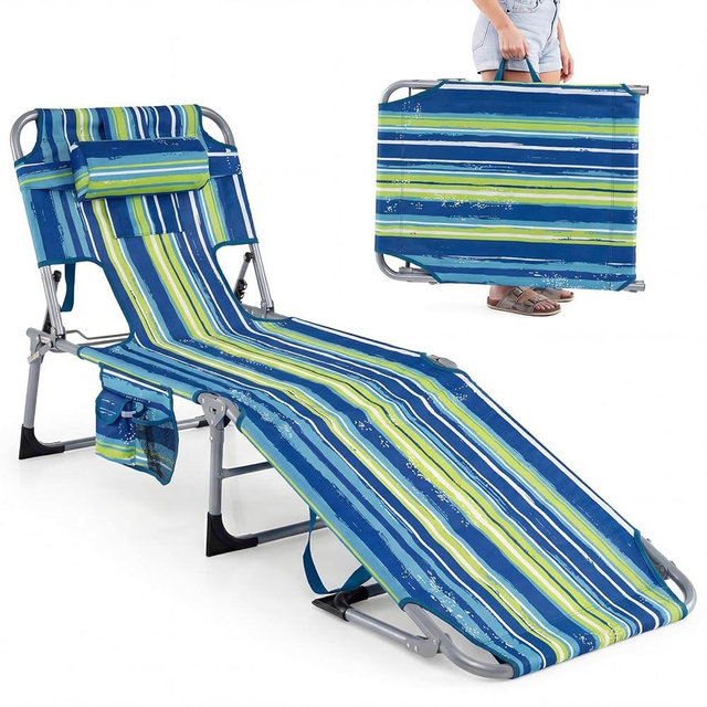 GYMAX Tanning Chair with Face Hole, Sun Bathing Lounge Chairs for Outside with Side Pocket, Folding Portable Face Down Layout Tanning Chair Beach, Backyard, Poolside, Lawn (Blue Stripe,1)