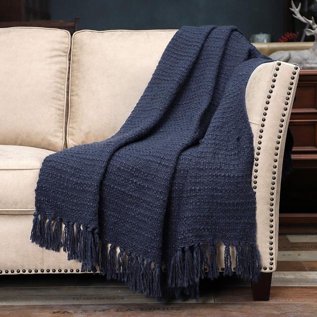 Thick Chunky Navy Blue Knitted Throw Blanket for Couch Chair Sofa Bed, Chic Boho Style Textured Basket Weave Pattern Blanket with Decorative Fringe, 50"x60"