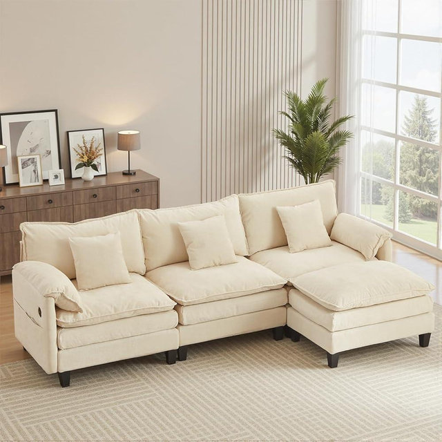 KCGKCG Modular Sectional Sofa, 108” Comfy Cloud Couch with Movable Ottoman | Charging Station | Side Pocket | Throw Pillow, Modern L-Shaped Couches for Living Room, Chenille, Beige