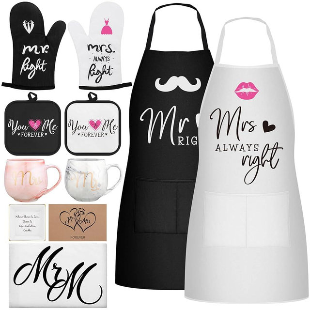 Mepase 10 Pcs Couple Gifts Engagement Gifts for Couple Mr and Mrs Aprons Gift Set Include Aprons Mats Mugs Gloves Jewelry Plate Dish Towel Card Cool Bridal Shower Gifts for Bride and Groom Newlyweds
