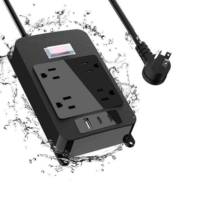Outdoor Power Strip with USB C, Heavy Duty Waterpoof Surge Protector with 4 Outlets, 2 USB C Ports, 6ft Flat Plug Extension Cord Wall Mount for Bathroom, Kitchen