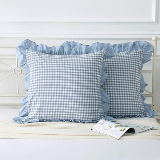 Mywinlle Dusty Blue Plaid Ruffle Throw Pillow Covers for Couch 20"x20",2 Pack Vintage Checkered Washed Cotton Pillow Cases for Bed, Sofa, Living Room