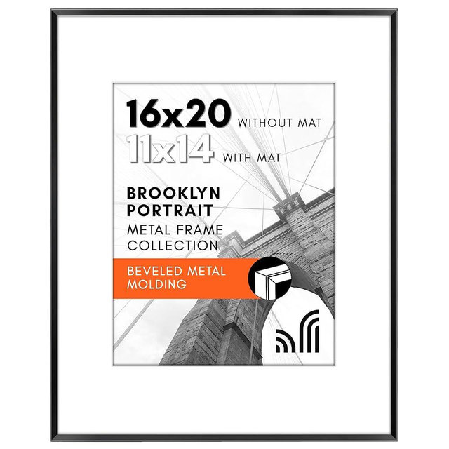 Americanflat 16x20 Metal Picture Frame with Tempered Glass - Use as 11x14 Frame with Mat or Display 16x20 Photo Without Mat - Brooklyn Collection - Picture Frames for Wall Display - Black