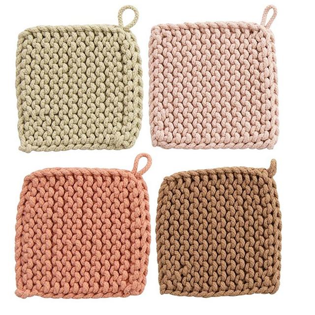 Creative Co-Op Square Cotton Crocheted Potholder, 4 Colors Entertaining Textiles, Multi