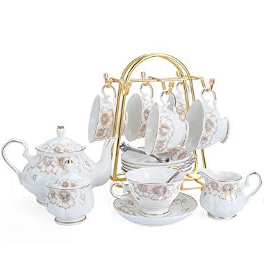 21-Piece Porcelain Ceramic Coffee Tea Gift Sets, Cups& Saucer Service for 6, Teapot, Sugar Bowl, Creamer Pitcher and Teaspoons.