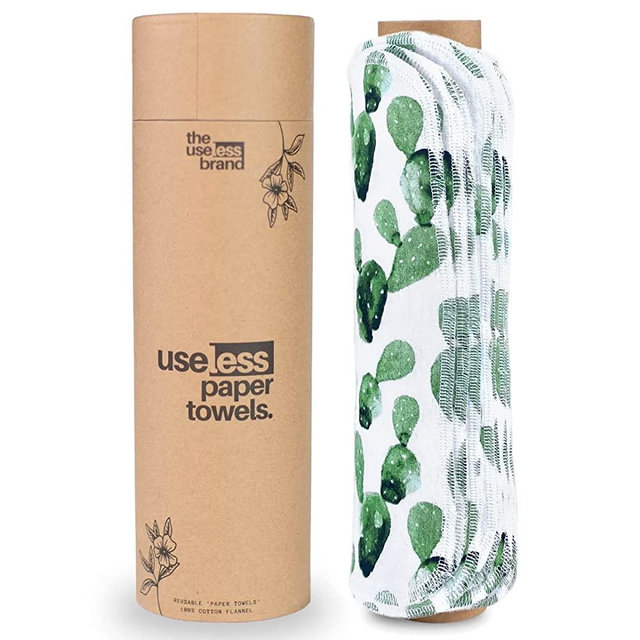 The Useless Brand Reusable Paper Towels Roll | 12 Eco Friendly Washable Cotton Flannel Towels w/ Cardboard Roll | Zero Waste & Sustainable | Fits on All Holders (Cactus, 12 Towels)