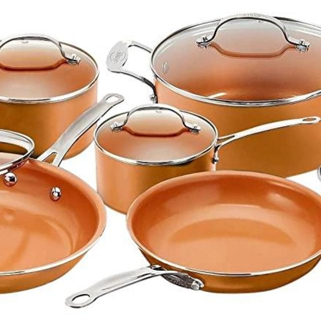 Gotham Steel 10-Piece Kitchen Set with Non-Stick Ti-Cerama Coating by Chef Daniel Green - Includes Skillets, Fry Pans, Stock Pots and Steamer Insert – Copper