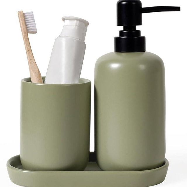 INGOFIN 3 Pcs Ceramic Bathroom Accessory Set - Liquid Soap Dispenser, Toothbrush Holder & Tray, Bathroom Counter Set, Countertop Essentials for Home, Guest Bathroom, Office, Hotel, Dark Green