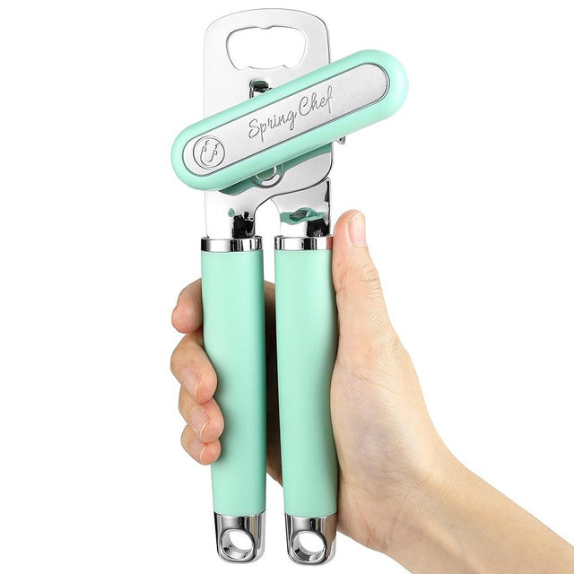 Spring Chef Stainless Steel Can Opener - Manual with Soft Grip Handles, Easy Turn, Heavy Duty Hand Can Opener for Seniors with Smooth Edge - Built-in Magnetic Lid Remover - Mint