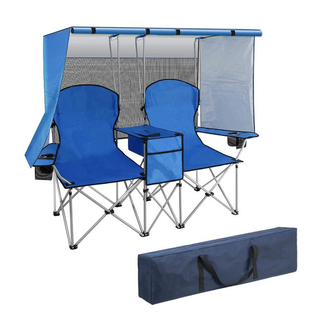 BDL Double Camping Chair with Canopy, Two Person Folding Loveseat with Shade, Heavy Duty Beach Chair with Cooler Bag, Cup Holder for Outside, Fishing, Sports, Beach-Sky Blue